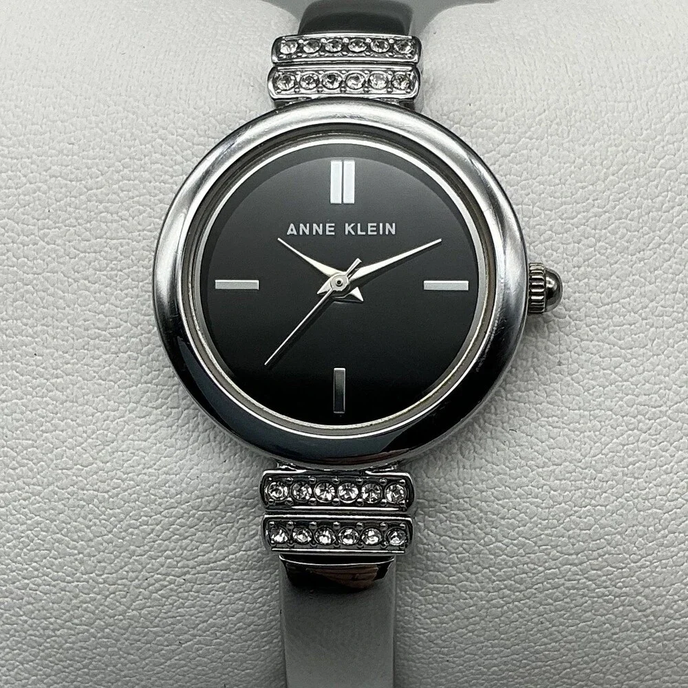 Anne Klein Womens Watch 24mm Silver Tone Black Dial Crystal Bangle AK/2475 5.75